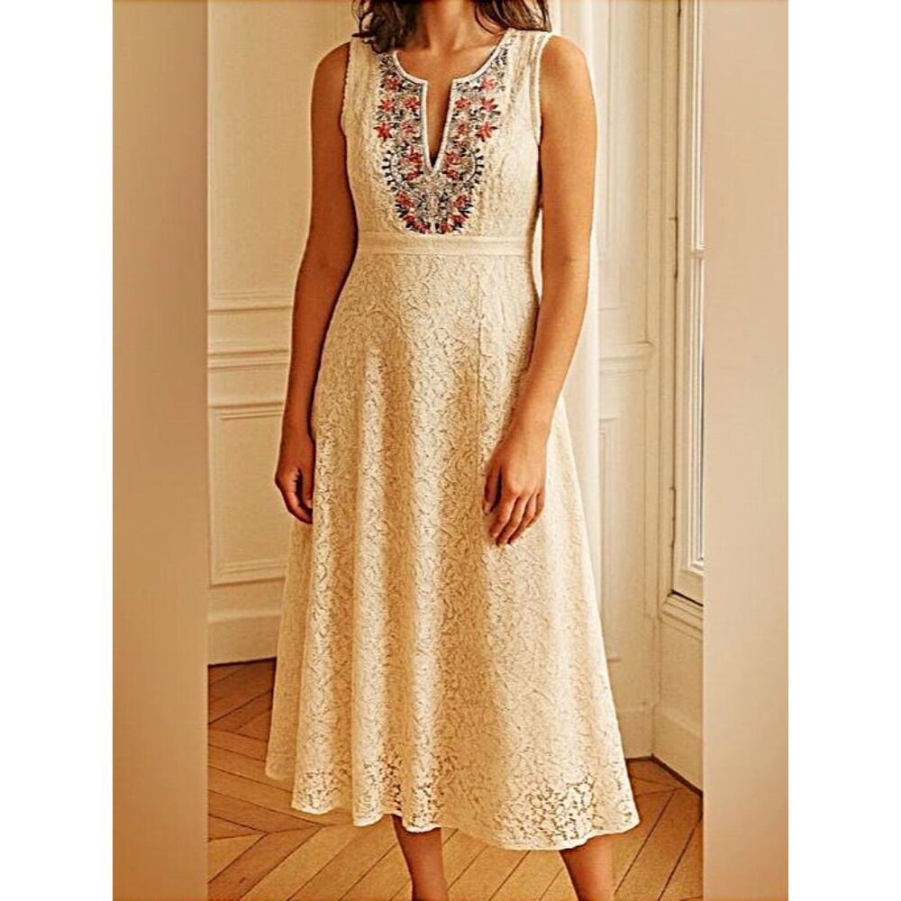 Sundance Cream Lace Floral Embroidered Midi Dress Honeysuckle Fit Flare Zip 4